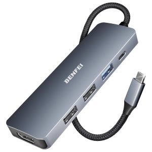 BENFEI USB-C Hub 5-in-1 with 4K HDMI, 100W Power Delivery, 3 USB-A, Silicone Cable (Aluminum Case)