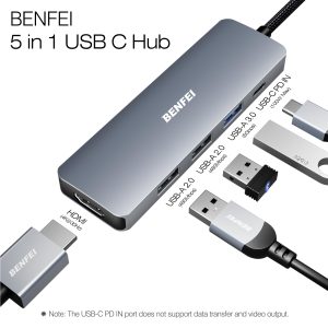 BENFEI USB-C Hub 5-in-1 with 4K HDMI, 100W Power Delivery, 3 USB-A, Silicone Cable (Aluminum Case) - Image 3